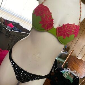 Floral Lace Green and Pink Bra with Black Sequin Panties